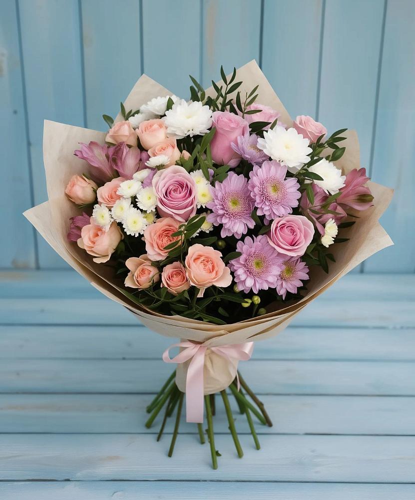 Букет цветов из: Хризантемы, Розы и Альстромерии в Николаевке Ростовской области