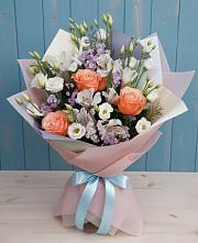Букет цветов из:  Лизиантусы, Розы, Альстромерии и Гипсофила в Николаевке Ростовской области
