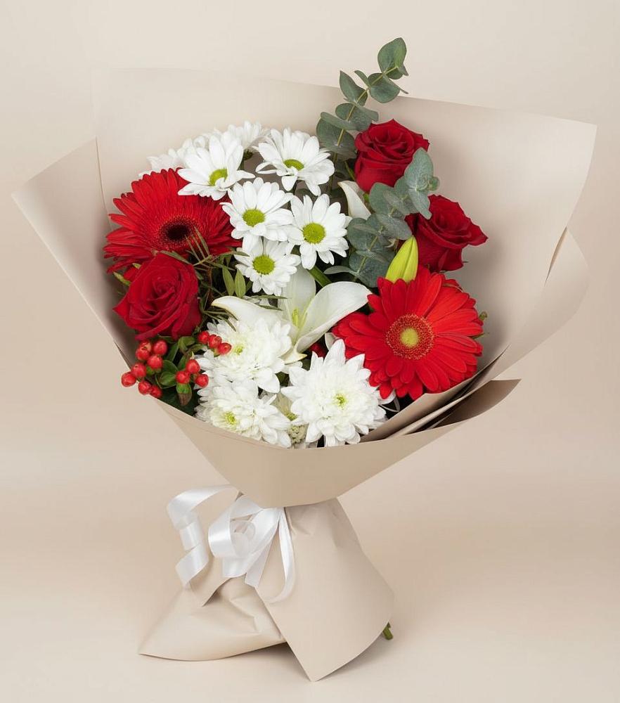 Букет цветов из: Розы, Хризантемы, Герберы и Лилии в Николаевке Ростовской области